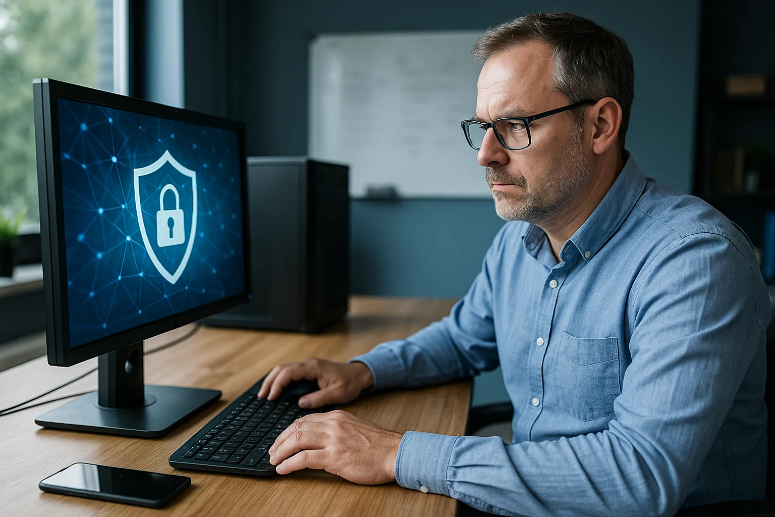 Stanowisko komputerowe symbolizujące cyberbezpieczeństwo