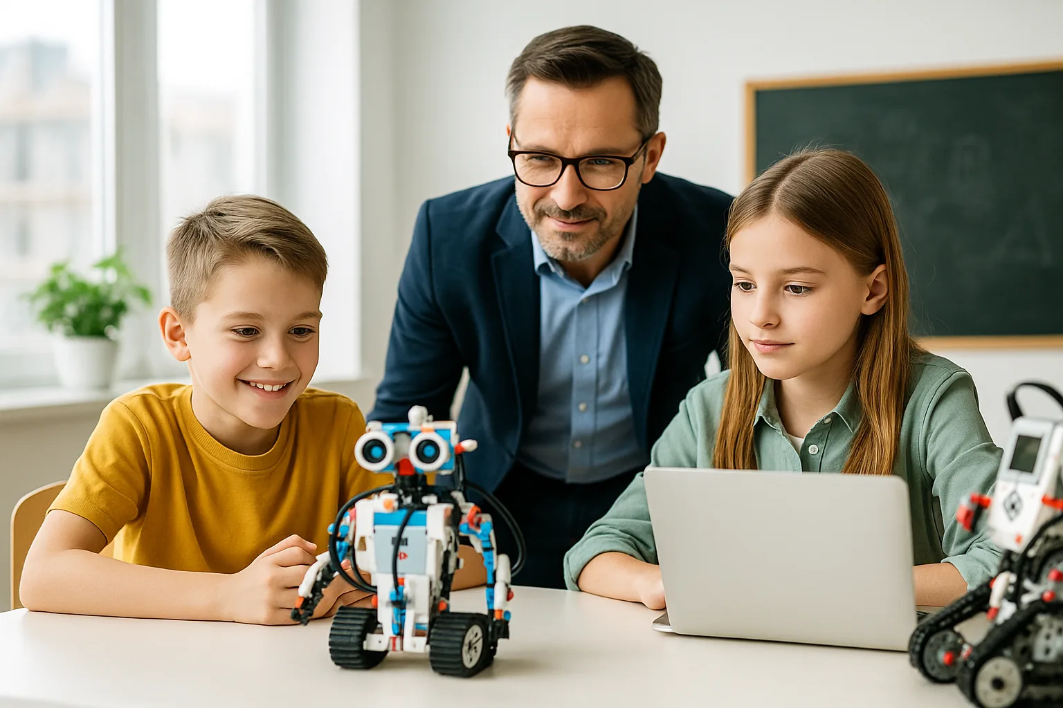 Nauczyciel pracuje z uczniami podczas zajęć z robotyki